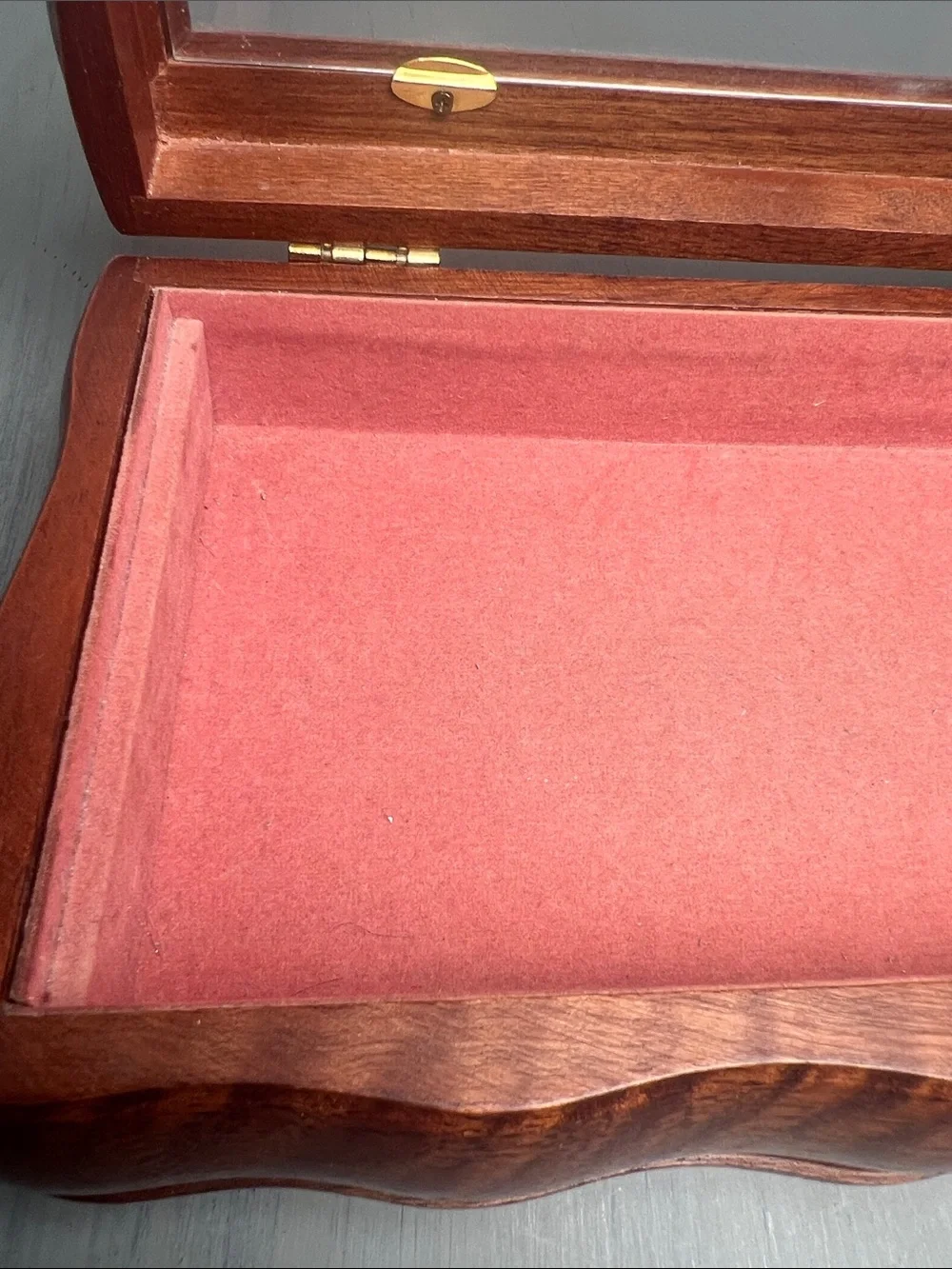 Vintage walnut etched glass jewelry/watch/treasure box. Beautiful curved lines.